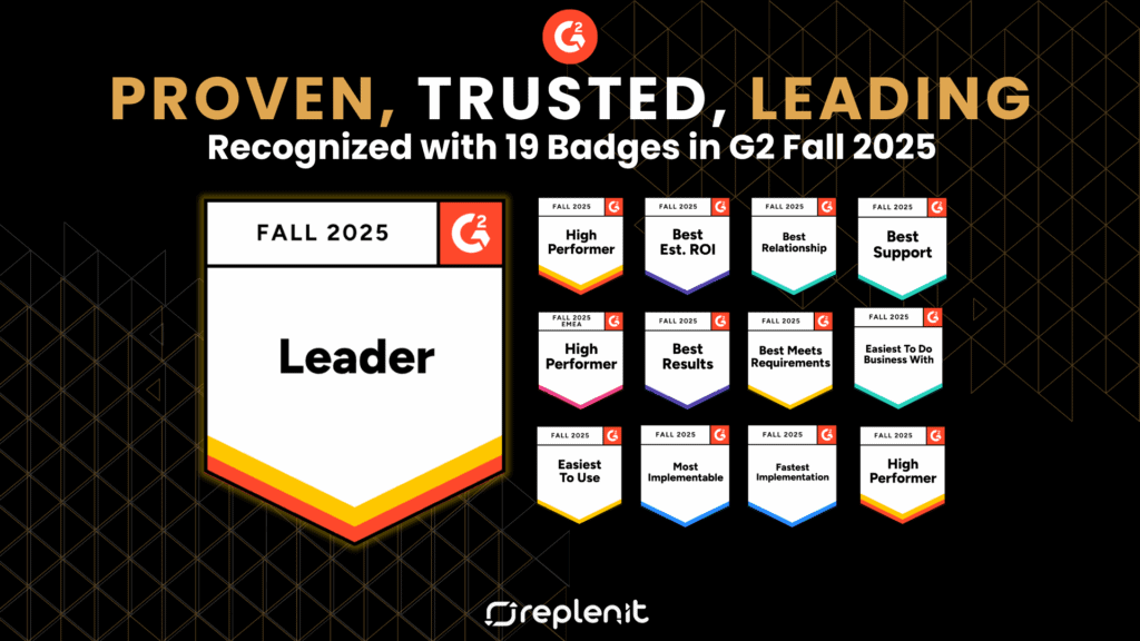 G2 badges recognizing Replenit's leadership and top performance in fall 2025.